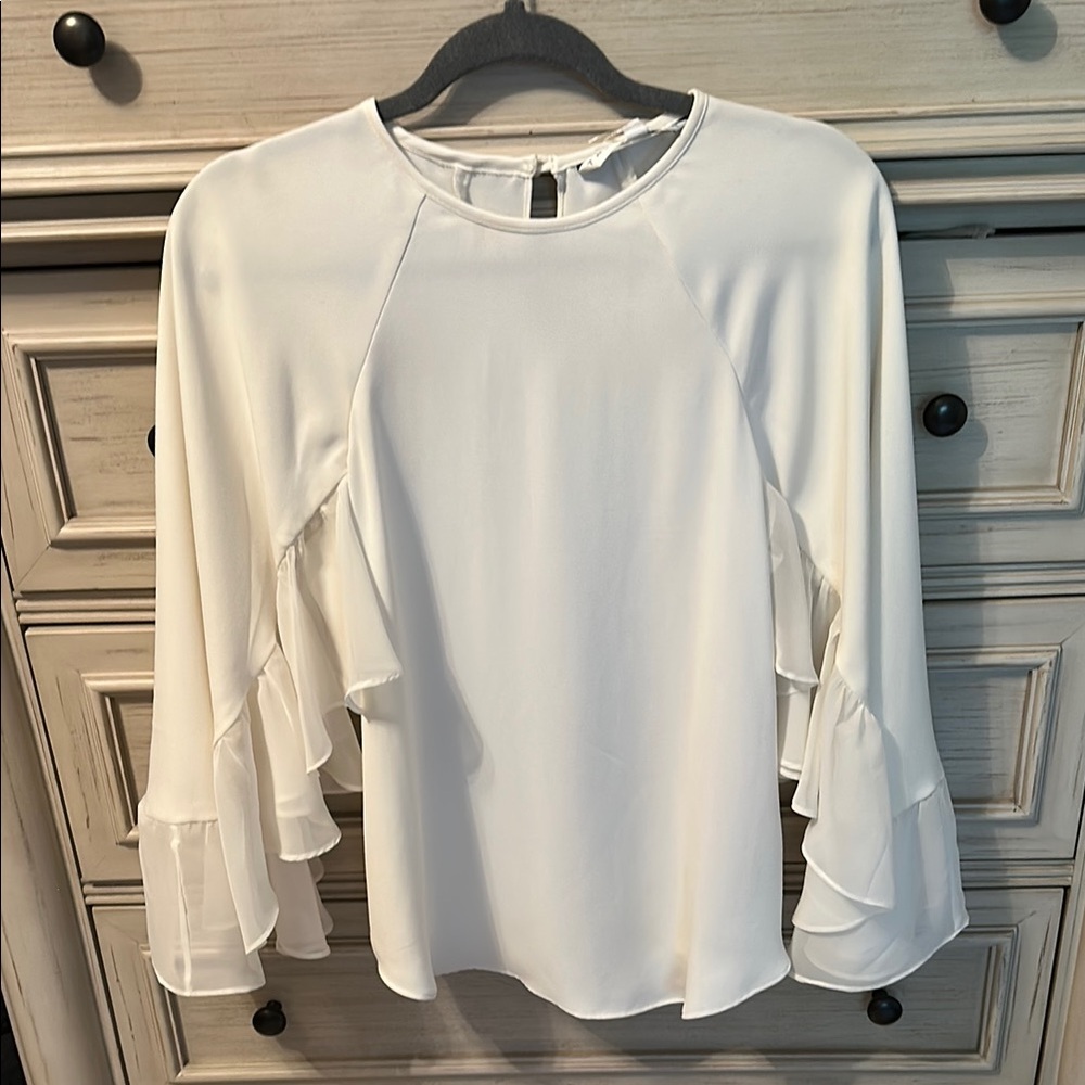 Cream Ruffled 3/4 Sleeve Blouse
